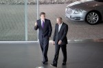 McLaren Group Chairman Ron Dennis walks UK Prime Minister David Cameron from his Jaguar XJ at the new McLaren Production Centre, Woking, UK.