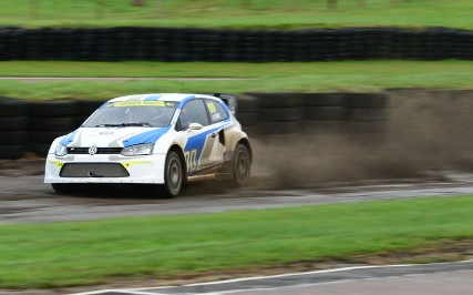 On track James May at the wheel of the 600hp VW Polo Rallycross car